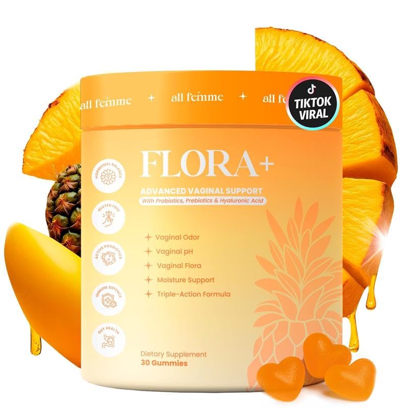 Flora+ Women’s Vaginal Probiotic Gummies for pH Balance, Odor and Freshness Support with Prebiotics & Hyaluronic Acid, Sugar Free Pineapple, Vegan Non-GMO | 30 Gummies