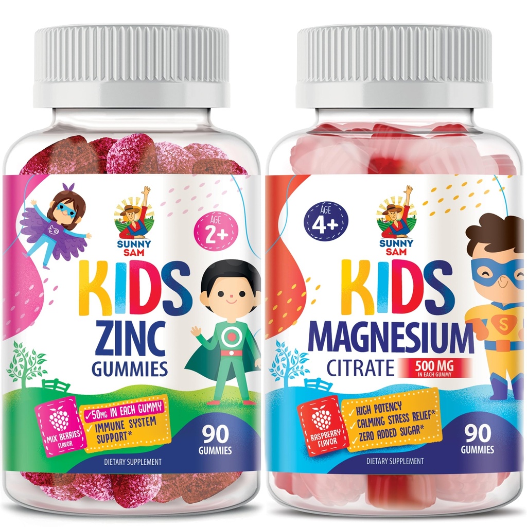 Gommies de magnésium pour les enfants et les adultes - 500mg et Gommies de zinc pour les enfants et les adultes - Gommy à croquer de zinc pour le soutien immunitaire - Supplément anti-OGM naturel puissant pour les enfants Hommes Femme Adultes.