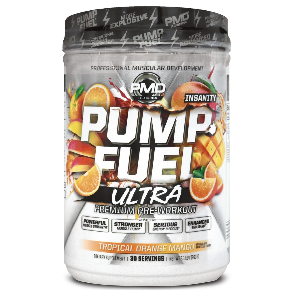 PMD Sports Pump Fuel Ultra Insanity - Premium Pre Workout Powder & Muskelpumpe, Großer Fokus, Endurance & Recovery, Premium Creatine, Arginine & Beta Alanine, Tropical Orange Mango (30 Portionen)