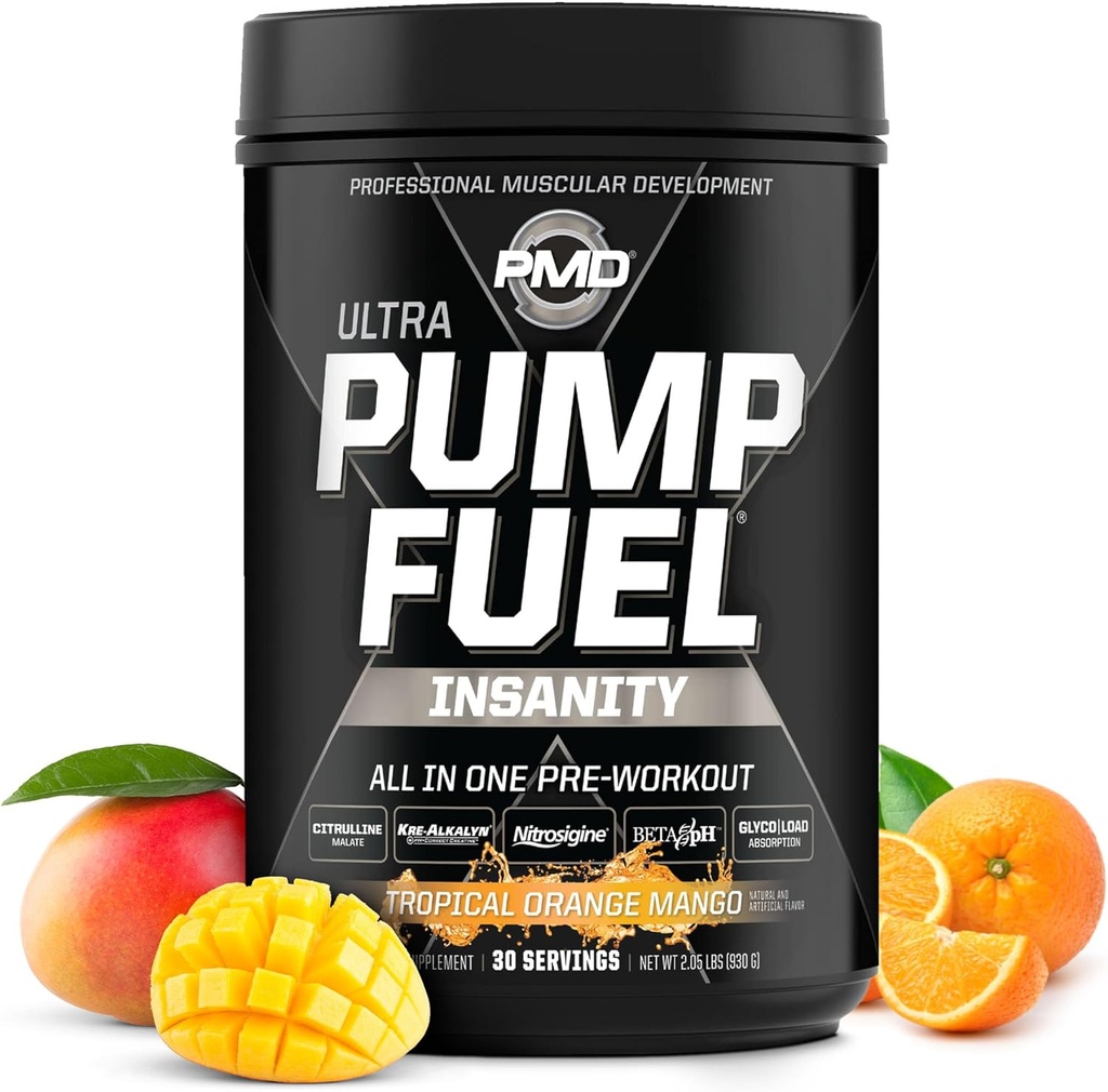 Pompe de sport PMD Carburant Ultra folie - Pre Workout Premium Poudre et Pompe musculaire, Plus grande concentration, Endurance et récupération, Créatine Premium, Arginine et Beta Alanine, Mango orange tropicale (30 portions)