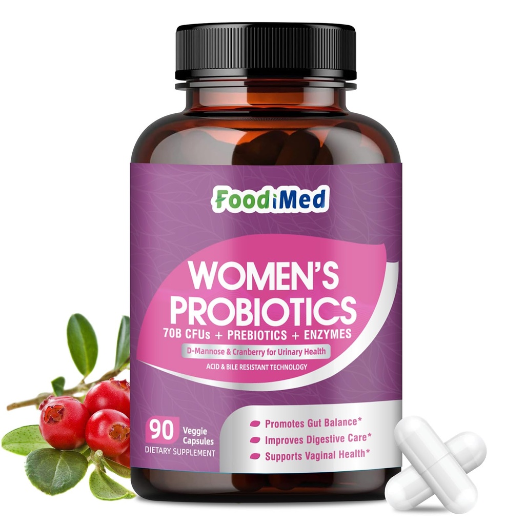Probiotics for Women Digestive Health, 70 Billion CFUs Womens Probiotic with Digestive Enzymes & Prebiotics & Cranberry for Gut, Immune & Urinary Tract Balance, Delayed-Release, 90 Veggie Capsules