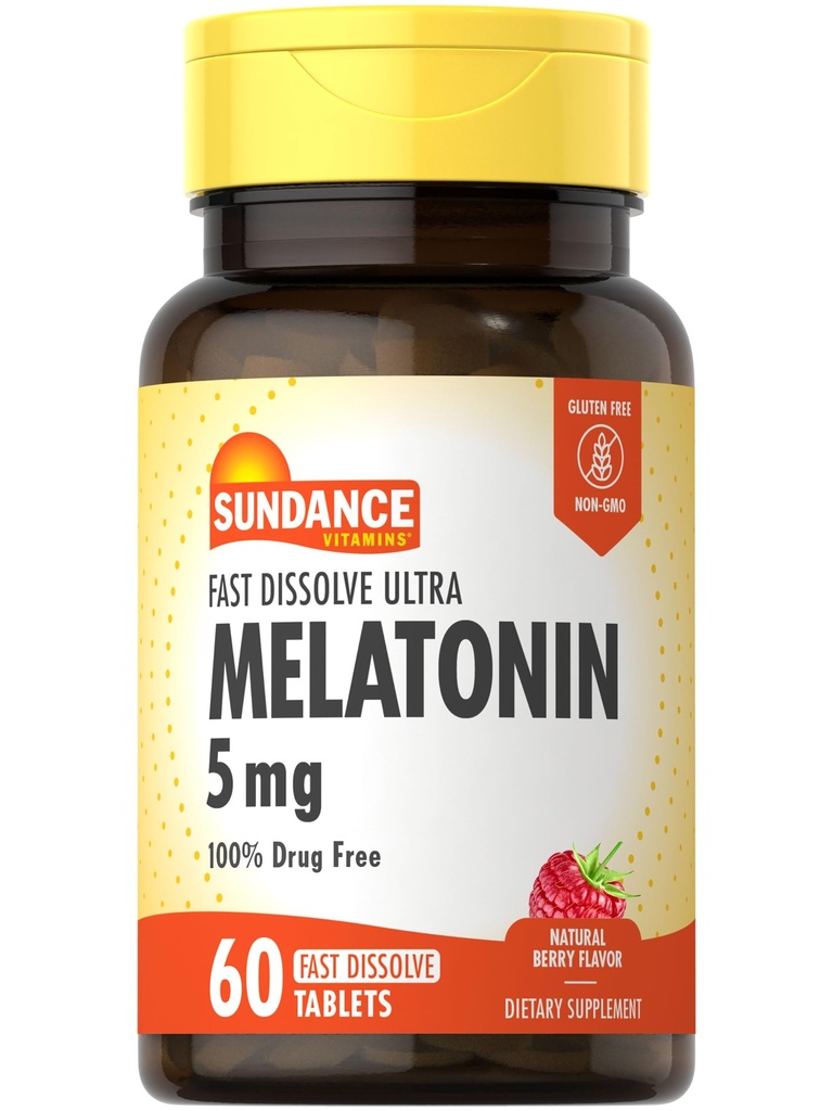 Sundance Melatonin 5mg Fast Dissolve Tablets | 60 Count | Natural Berry Flavor | Vegetarische, nicht-GVO und glutenfreie Ergänzung