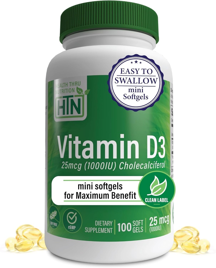 Gesundheit Thru Nutrition Vitamin D3 1.000iu 100 Mini Softgels für maximalen Nutzen | 25mcg Cholecalciferol | 3rd Party Getestet | Non-GMO USP Grad in Bio-EVOO | Immungesundheitsunterstützung