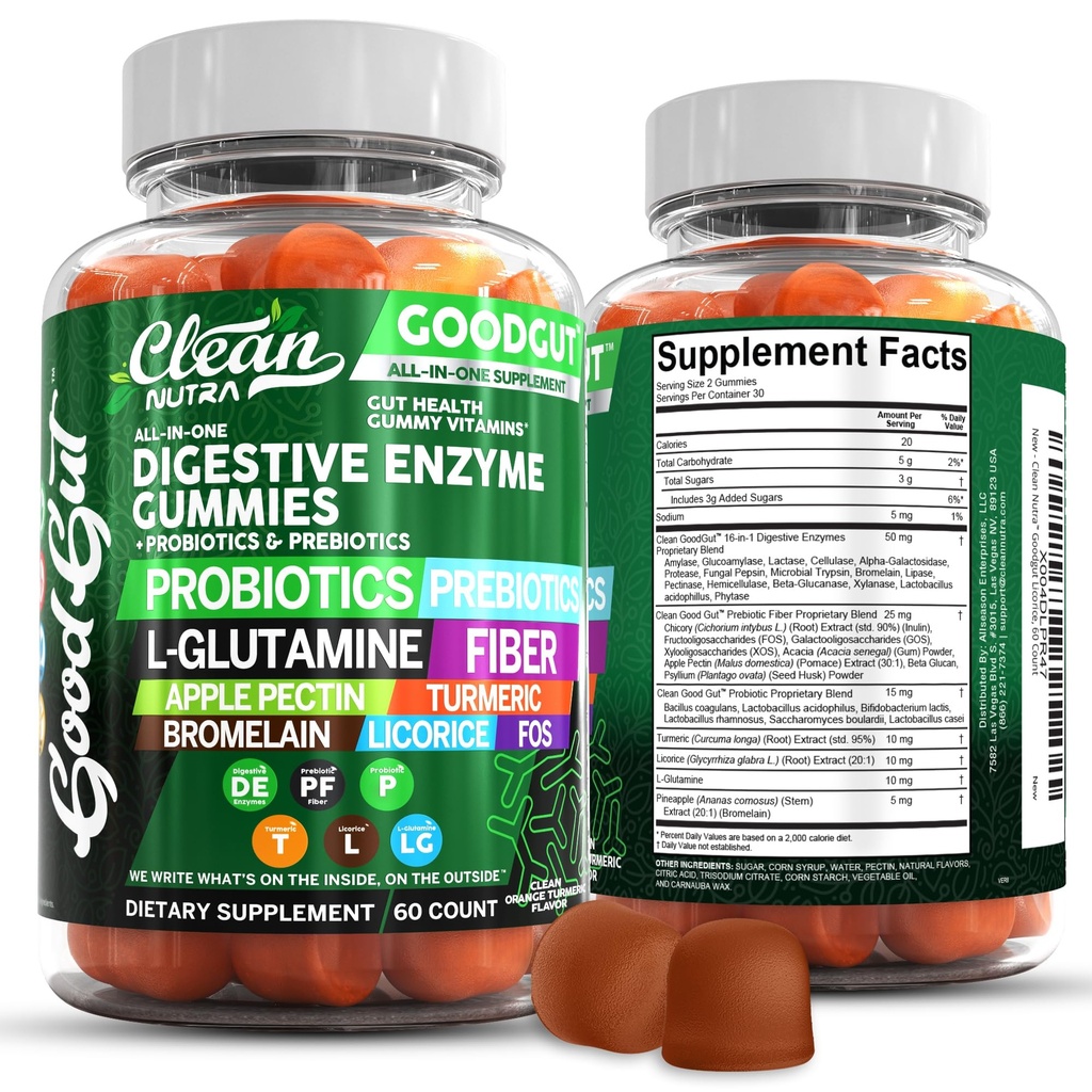 Saubere Nutraceuticals Verdauungsenzyme mit Probiotika und Präbiotika für Verdauungs-Gesundheits-Glutamin für Gut-Gesundheit Bromelain Apple Pectin Inulin FOS Pflanzenbasierte vegane Gummy Vitamine