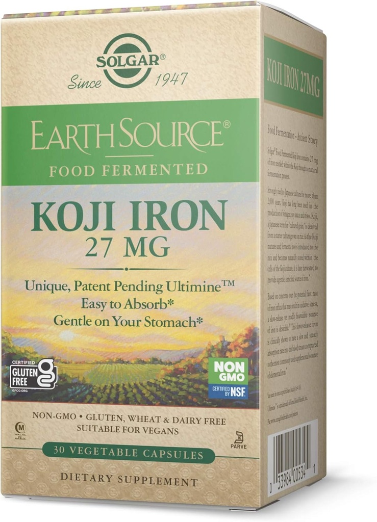 Solgar Earth Source Food Fermented Koji Iron 27mg, 30 Vegetable Capsules - Höhere Absorption, Slow-Release Iron - Gentle on The Stomach - Non-GMO, Vegan, Glutenfrei, Dairy Free, Kosher - 30 Serviers