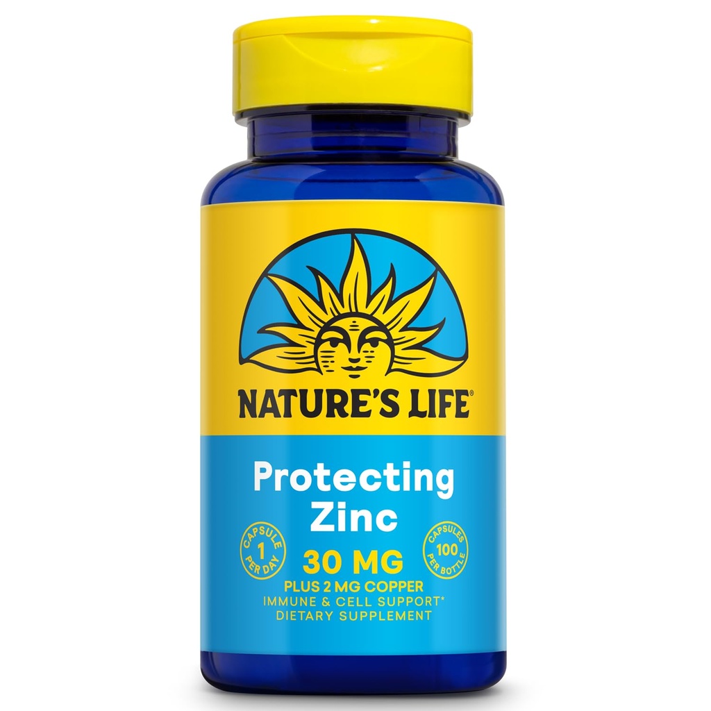 Nature's Life Zink Picolinate 30mg Plus 2mg Kupfer - Chelated Zink Supplement für Immun, Herz-Kreislauf, Haut, Zellfunktion und Muskelunterstützung - 60-Tage-Garantie - 100 Portionen, 100 Kapseln