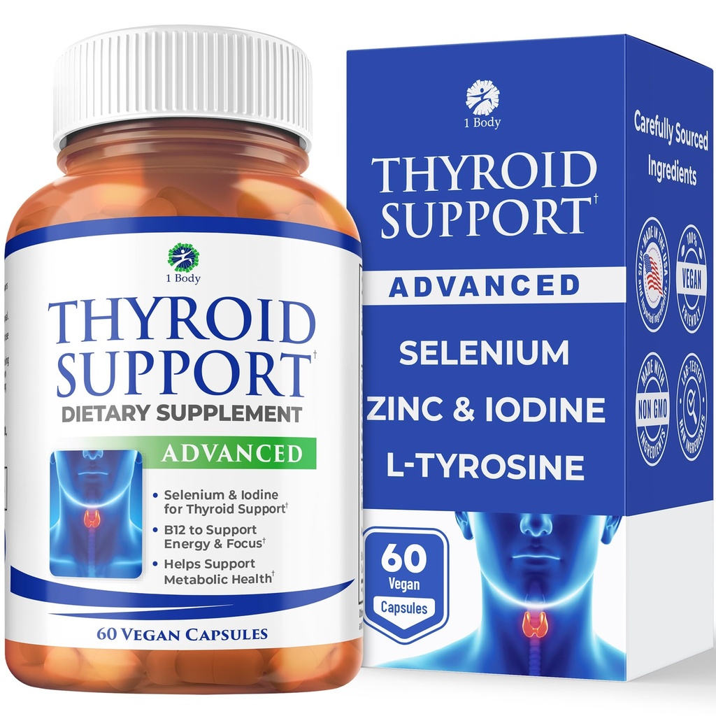 1 Body Thyroid Support Supplement für Frauen und Männer, Selen mit Jod, Zink, B12, Ashwagandha und L-Tyrosin, unterstützt Hormongesundheit, Energie und Stoffwechsel, 30-Tage-Versorgung