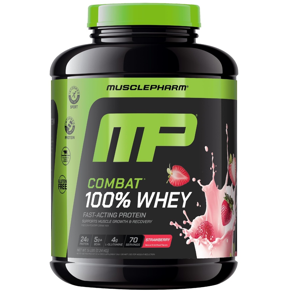 MusclePharm Combat 100% poudre de protéines de lactosérum, crème de fraise, récupération rapide et gain musculaire avec l'isolat de protéines de lactosérum, poudre de protéines haute pour les femmes et les hommes, sans gluten, 5 lb, 70 portions
