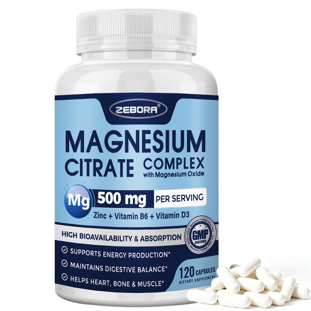 ZEBORA Magnesium Citrate 500mg Complex - 120 Vegan Capsules