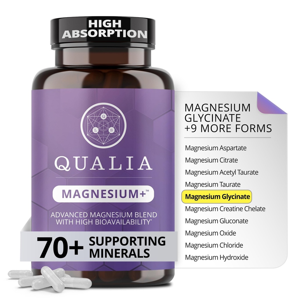 Qualia Magnésium+-Formulé par le docteur. Formule premium haute biodisponibilité de 10 formes de magnésium et de minéraux 70+