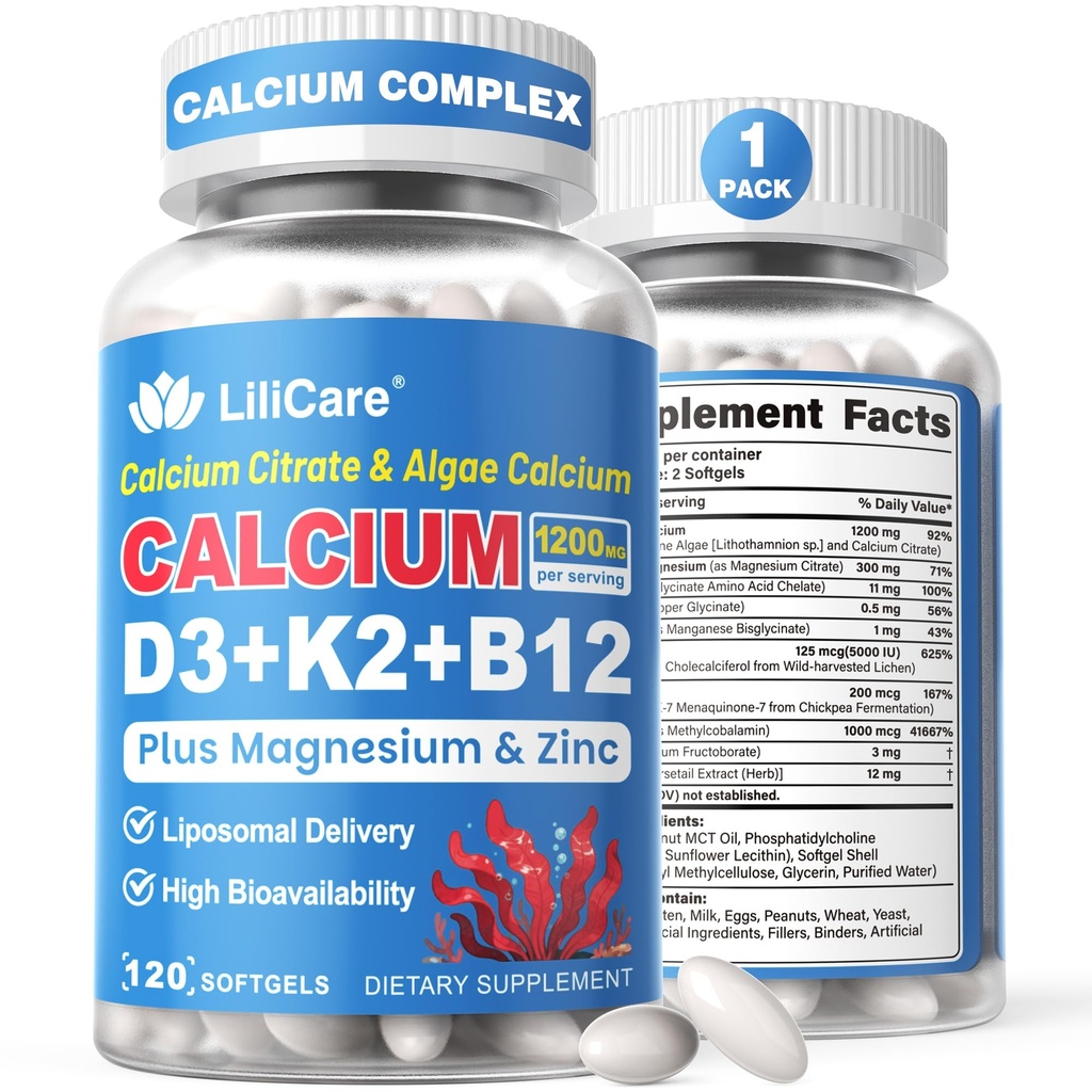 Calcium 1200 mg mit Vitamin D3 K2 5000 IE Softgels Supplement für Frauen Männer - Liposomales Kalziumzitrat & Algen Calcium Magnesium Zink + D3 K2 B12, pflanzliches veganes Vitamin D, Bor für Knochen, 120ct
