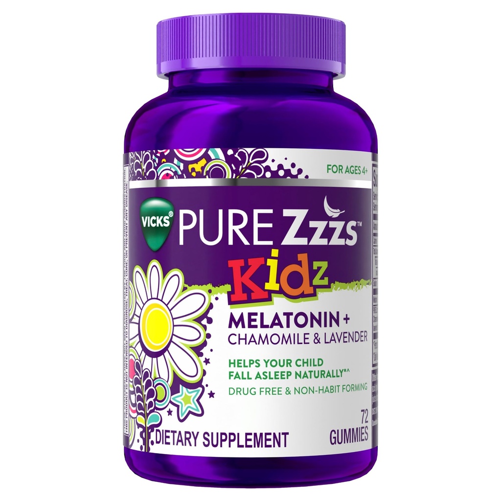 PURE Zzzs Kidz, enfants Mélatonine Gummy, aide au sommeil, faible quantité de mélatonine pour les enfants, avec Camomille et Lavande, Mélatonine 1 mg, Mélatonine Gummies Enfants, Berry Flavored, 72 Gummies