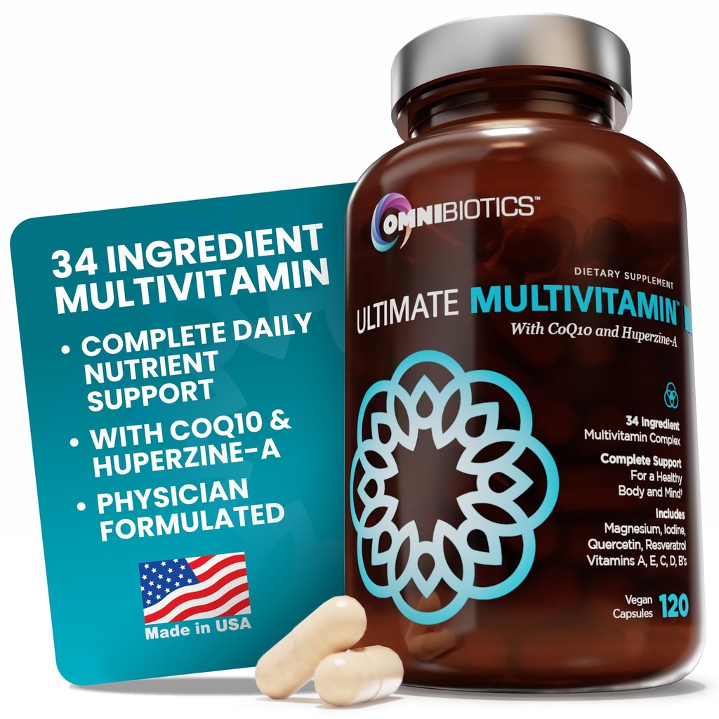 OmniBiotics Ultimate Daily Multivitamin for Women & Men – 34 Essential Ingredients einschließlich Vitamin A, C, D, E, B6, B12, Biotin, Zink – 120 Vegan Kapseln