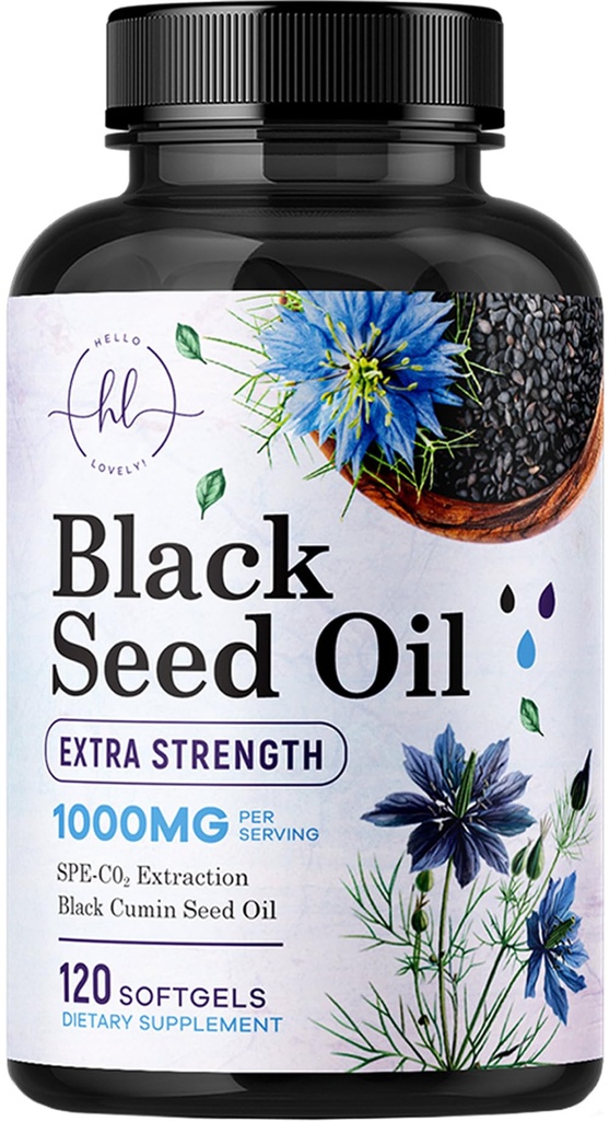 Black Seed Oil Softgels 1000mg - Premium Nigella Sativa Blackseed, Pure Natural Black Cumin Seed Oil & Antioxydant pour la peau et l'immunité Support - Non OGM, mis en bouteille aux États-Unis Supplément - 120 Softgels