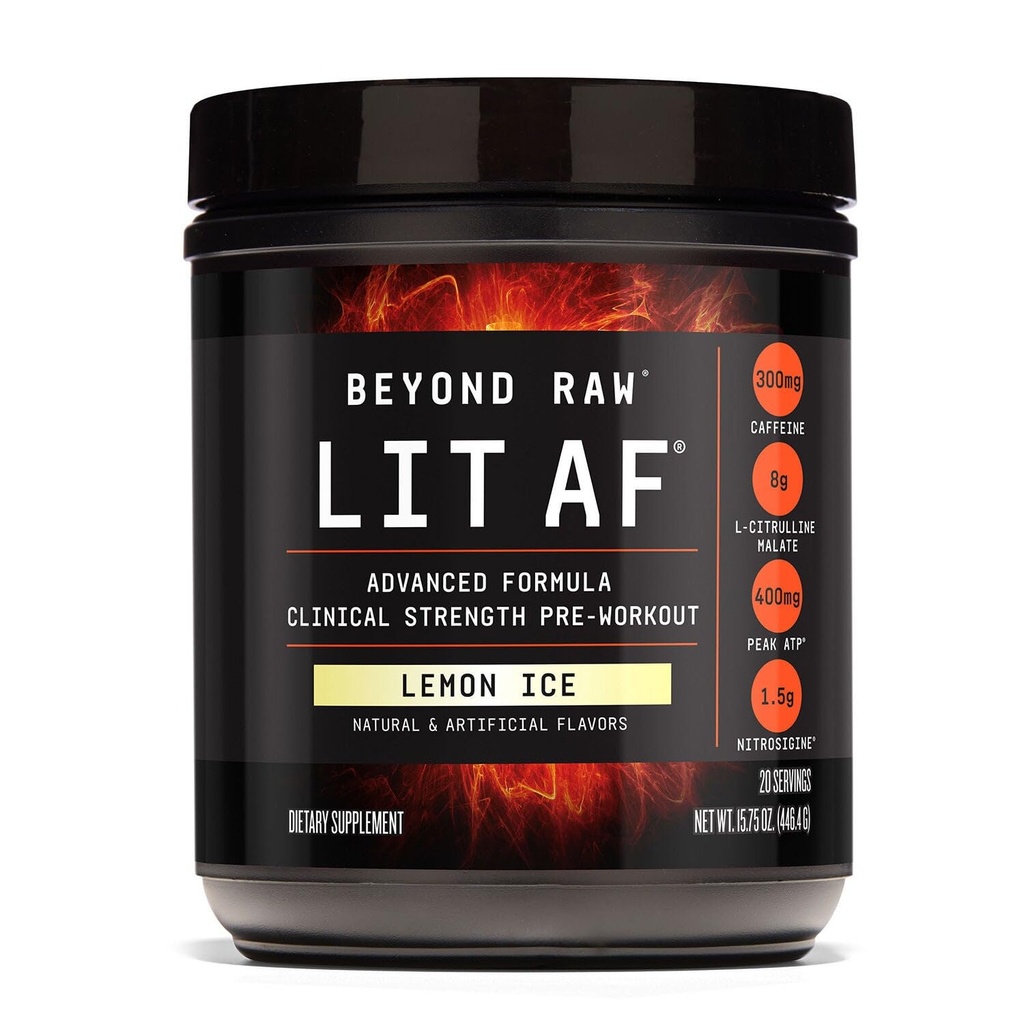 BEYOND RAW LIT Advanced Pre Workout Formula, Lemon Ice, for Energy, Focus, Endurance, Pumps, with 300mg Rapid and Targeted Release Caffeine, Creatine, Betaine, Beta Alanine, Taurine, 20 Servings