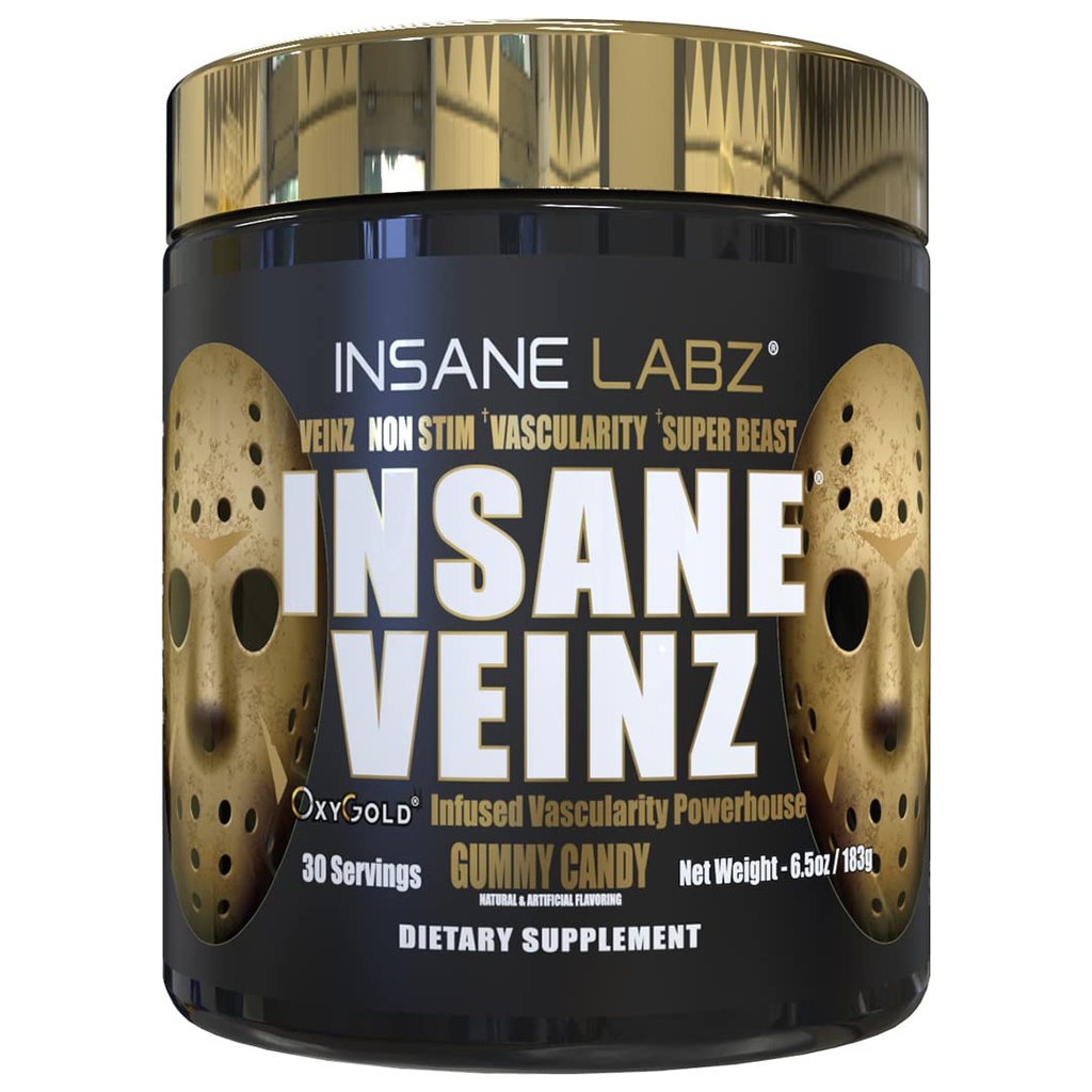Insane Labz Insane Veinz Gold, Nitric Oxide Non Stimulant pre Workout Powder, Loaded with Hydromax, Nitrosigine, Increases Vascularity and Blood Flow, 30 Srvgs, Gummy Candy