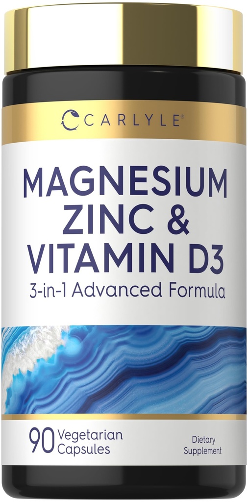 Carlyle Magnésium Zinc et vitamine D3.90 Capsules 3-en-1 Formule avancée.