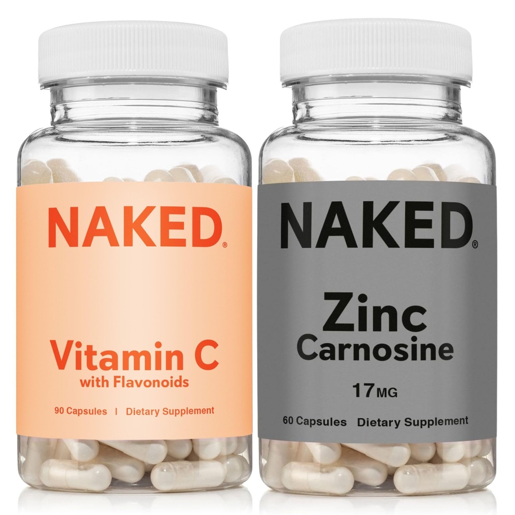 NAKED Zink Carnosin 17mg (60 Kapseln) Vitamin C 500mg (90 Kapseln) - Vegan; Nicht-GVO; Glutenfrei; Tägliche Immun- und Magenunterstützung