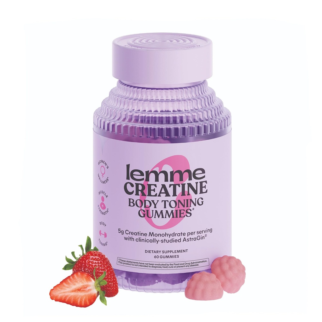 Lemme Créatine Monohydrate Gommies pour les femmes et les hommes, 5g Dose pour soutenir Lean Muscle, Force, Recovery, Cognitive Health, w/Ginseng pour l'absorption, Sour Strawberry, Certifié NSF, 60 Gommies