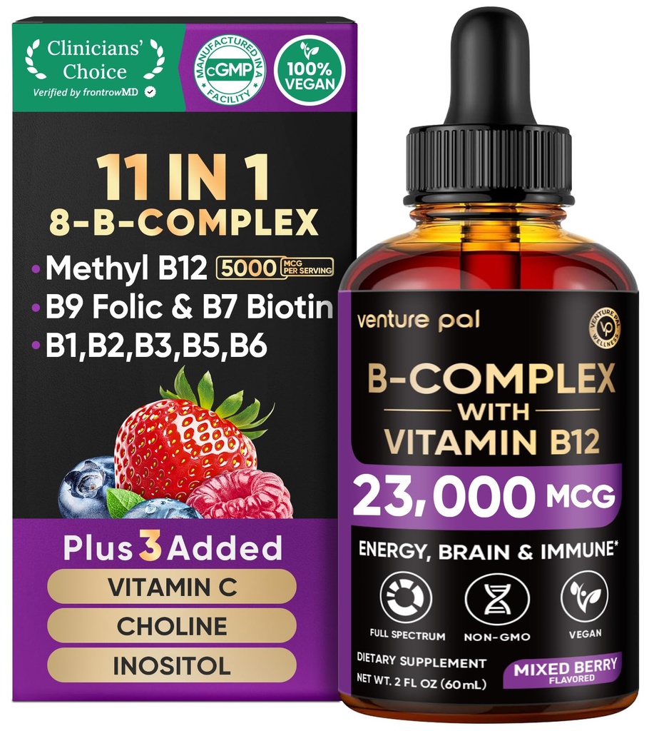 Venture Pal Vitamin B Komplex Flüssigkeit Tropfen, B12 Methylcobalamin | B9 Folic | B1,B2,B3,B5,B6,B16 - Vitamin C, Cholin, Inositol, Immune & Energy Metabolism, Brain & Heart Support