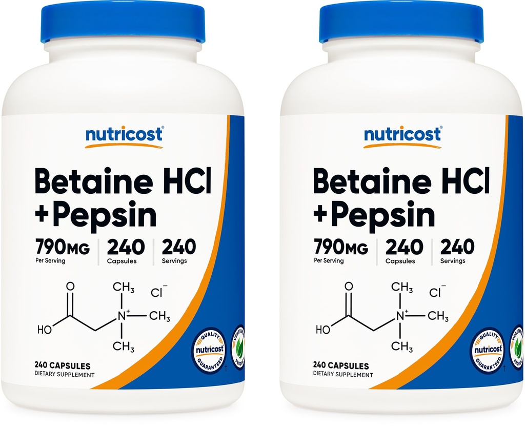 Nutricost Betaine HCl + Pepsin 790mg, 240 Kapseln, 2 Flaschen (480 Kapseln)