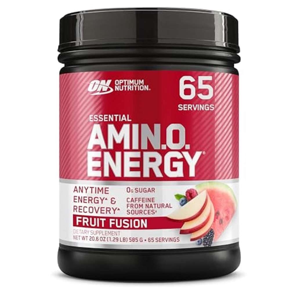 Optimum Nutrition Amino Energy - Pré-entraînement avec du thé vert, BCAA, acides aminés, Keto Friendly, extrait de café vert, poudre d'énergie - fusion de fruits, 65 portions (paquetage mai Vary)