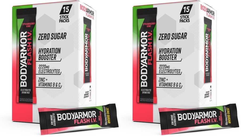 BODYARMOR Flash IV Electrolyte Packets,Strawberry Kiwi - Zero Sugar Drink Mix,Single Serve Packs,Coconut Water Powder,(Pack of 30)