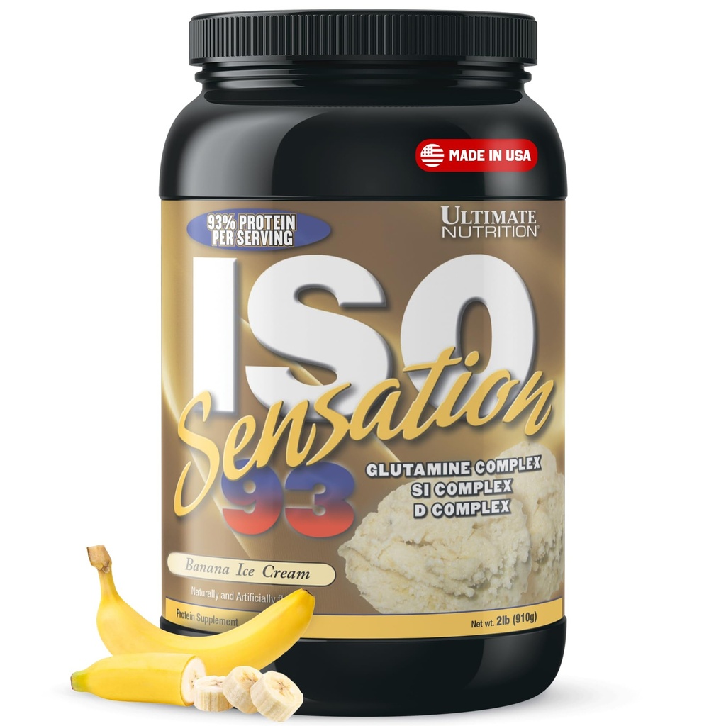 Ultimate Nutrition Whey Protein Isolate Pulver mit Glutamin Complex, ISO Sensation 93 - Whey Protein Pulver mit hinzugefügtem Kolostrum für verbesserte Erholung, Immunität & Gut Gesundheit - Banana, 2lbs