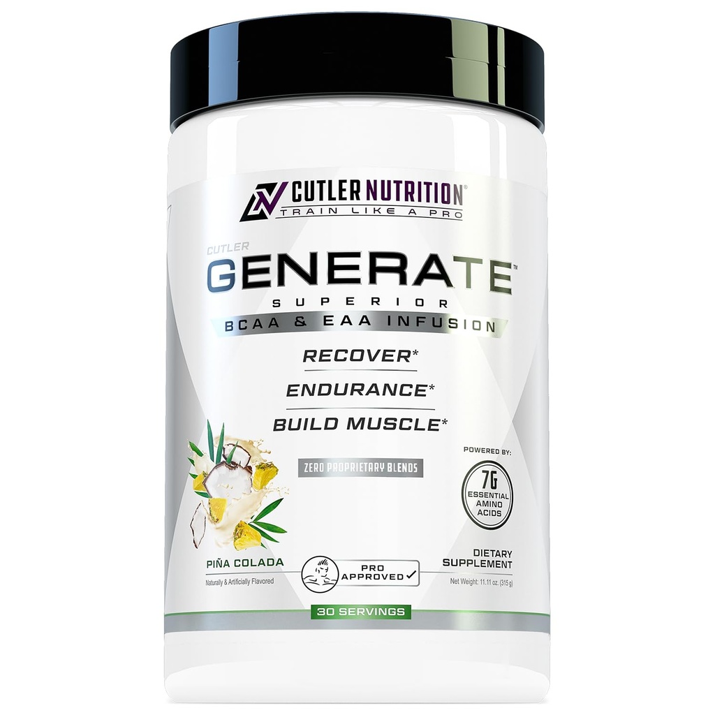 Cutler Nutrition Generieren EAA und BCAA Pulver: Beste verzweigte Kette Aminosäuren Supplement mit essentiellen Aminosäuren, 5g BCAAs, 2g EAAs für Lean Muscle Maß | Pina Colada, 30 Portionen