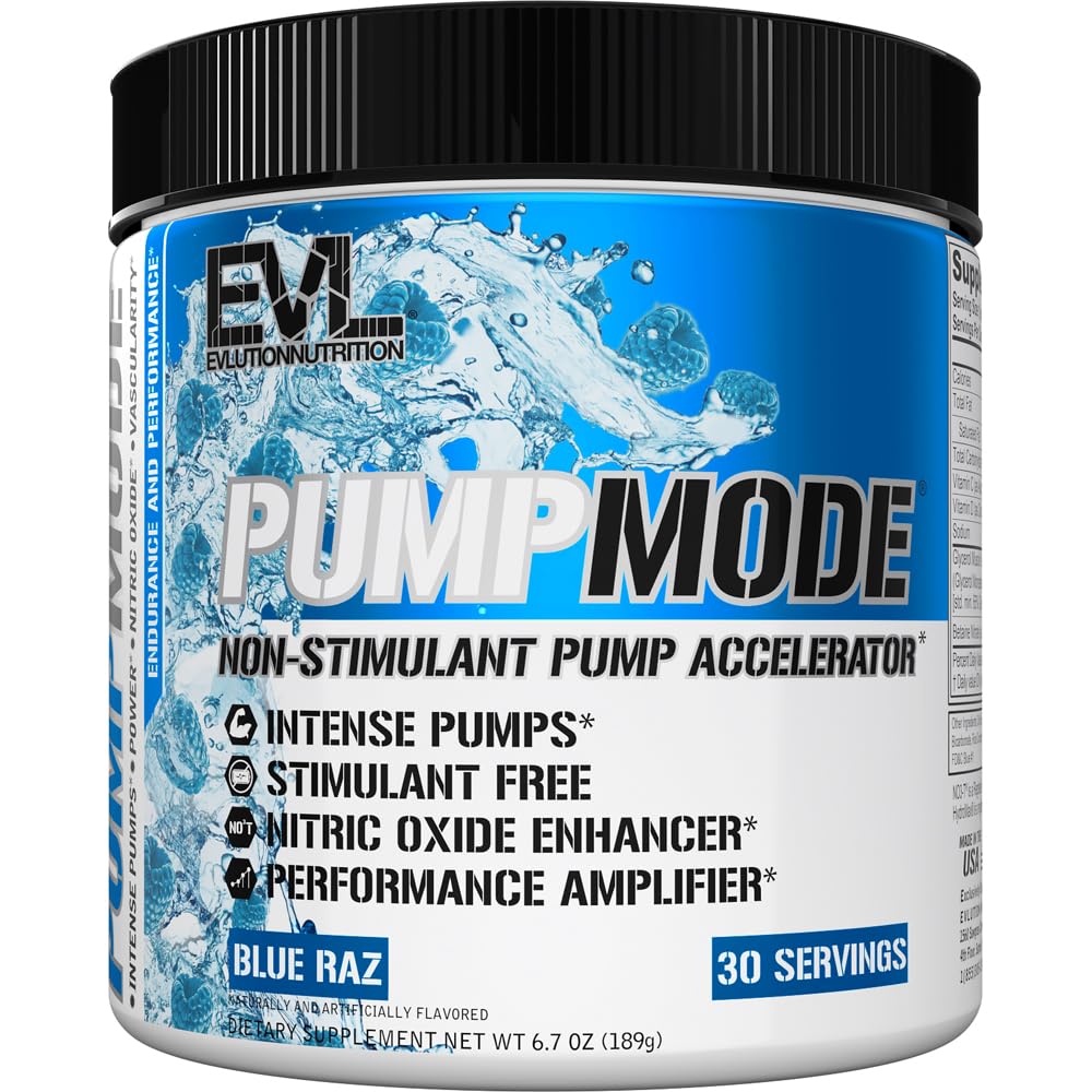 EVL PumpMode Supplément à oxyde nitrique - Poudre de pré-entraînement de pompe à oxyde nitrique avec du glycérol et de la bétaïne pour la récupération musculaire Croissance et Endurance - Stim Free Pre Workout Drink (Blue Raz)
