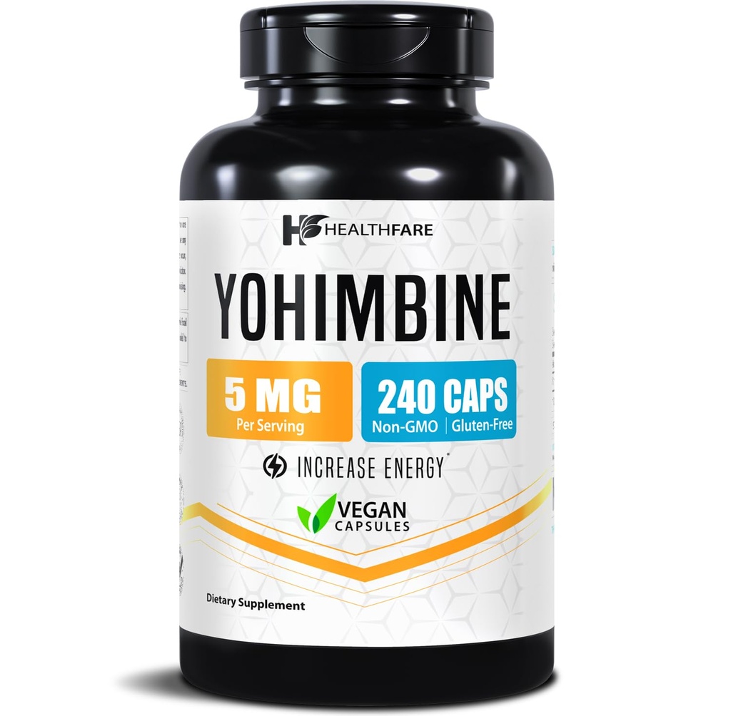 Healthfare Yohimbine HCL 5mg. 240 Capsules végétaliennes Formule de résistance maximale. Vegan, non-OGM, sans gluten.