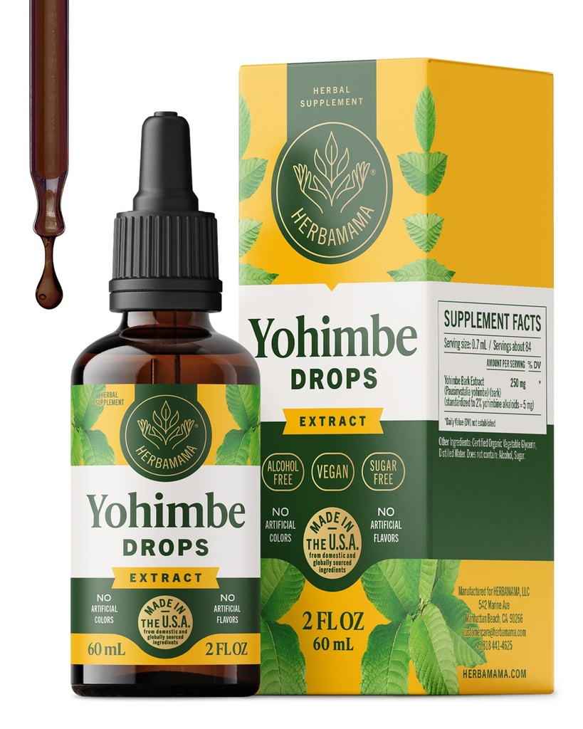 HERBAMAMA Yohimbe Supplements für Männer und Frauen - Vegane Gesamtunterstützung mit Yohimbe Bark Extract - Nicht-GVO, Alkohol & Zucker-freie Yohimbin-Tropfen, 42-Tage-Versorgung