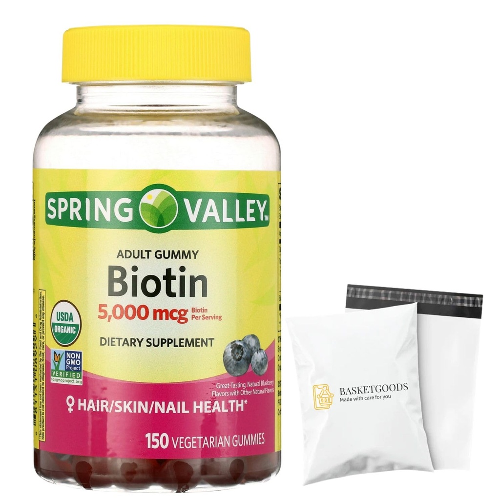 Spring Valley Biotin 5000mcg- Blueberry Flavor, Hair Skin and Nails 150 Gummies (Pack of 1), Set by Basket Goods