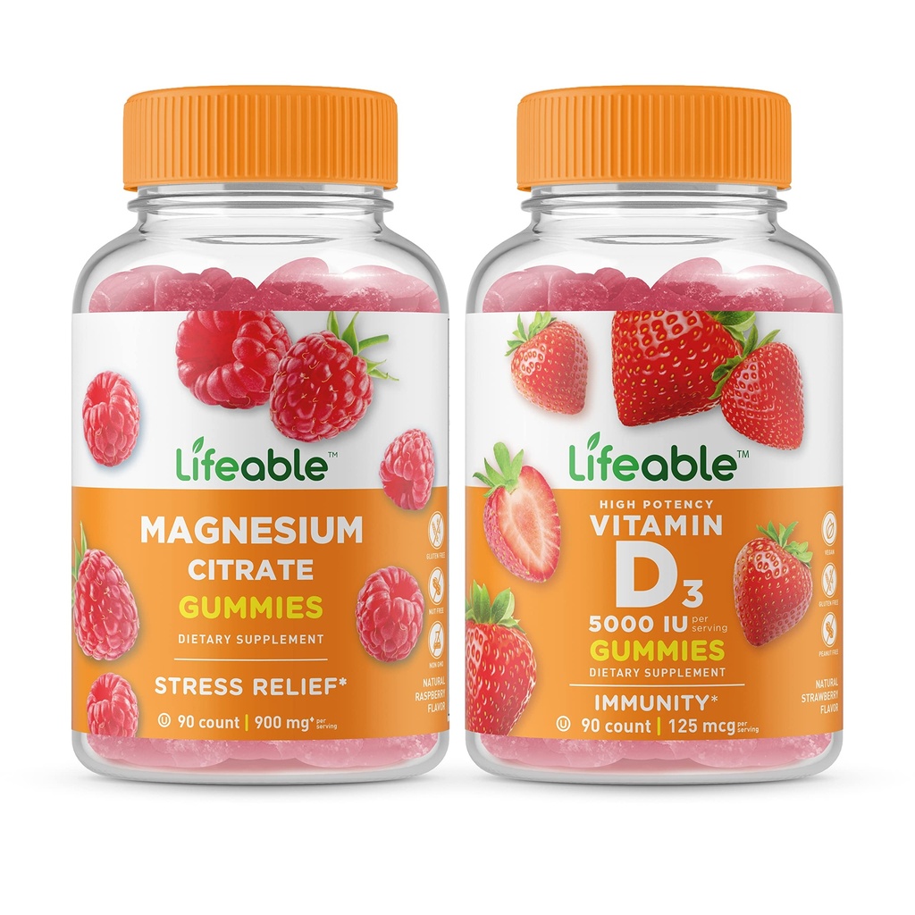 Lebensfähiges Magnesium + Vitamin D 5000 IU, Gummies Bundle - Große Verkostung, Vitaminergänzung, Glutenfrei, GMO frei, Kaugummi