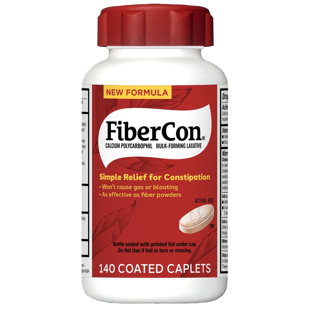 FiberCon Fiber Therapy Coated Caplets, Safe, Einfache und bequeme unlösliche Faser für Bowel Unregelmäßigkeit, Komfortable Constipation Relief mit kein Gas oder Bloating, 140 Caplets