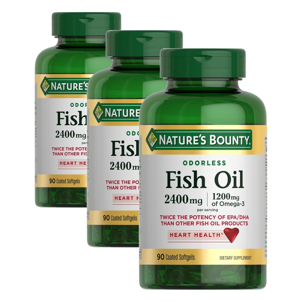 Natur Bounty geruchloses Fischöl, 1200mg Omega-3 pro Portion einschließlich EPA & DHA, unterstützt Herzgesundheit, gereinigt, um Quecksilber zu beseitigen, beschichtete Softgels, Glutenfrei, No Shellfish, 90 Count, (Paket von 3)