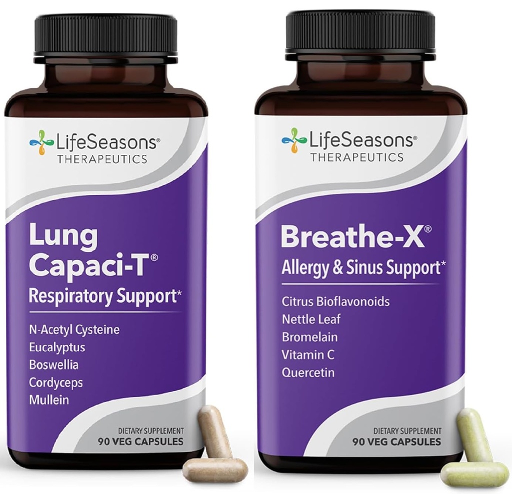 LifeSeasons Breathe-X mit Lung Capaci-T - Allergiker & Respiratorische Unterstützung - Fast Acting Sinus Relief - Erhöht Sauerstoffkapazität & Reduziert Mucus - 180 Kapseln