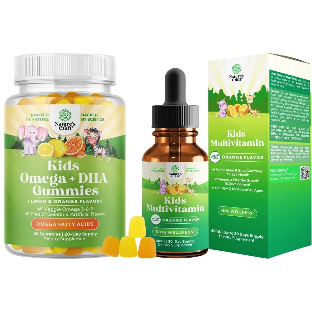 Bundle of Kids DHA Omega 3 Gummies - Fatty Acids Omega 3 6 9 for Brain Immune Strength Vision Focus Support and Liquid Multivitamin for Kids Immunity Support - Yummy Toddler Supplement High Absorption