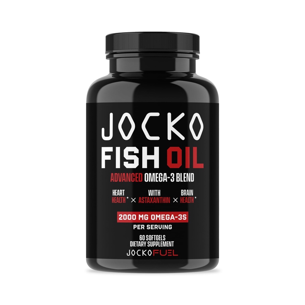 Jocko Fuel Omega 3 Fischölergänzung 2000mg - Burpless Fettsäureergänzung, Wild gefangen, starkes Antioxidans mit Astaxanthin (60 Kapseln)