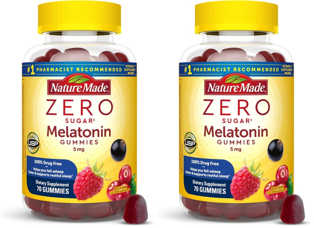 Nature faite Zéro sucre Mélatonine 5mg Gummies de sommeil pour les adultes Force supplémentaire, 100 % sans médicament et aspartame, 70 sans sucre Mélatonine Gummies, 70 jours d'approvisionnement, (paquet de 2)