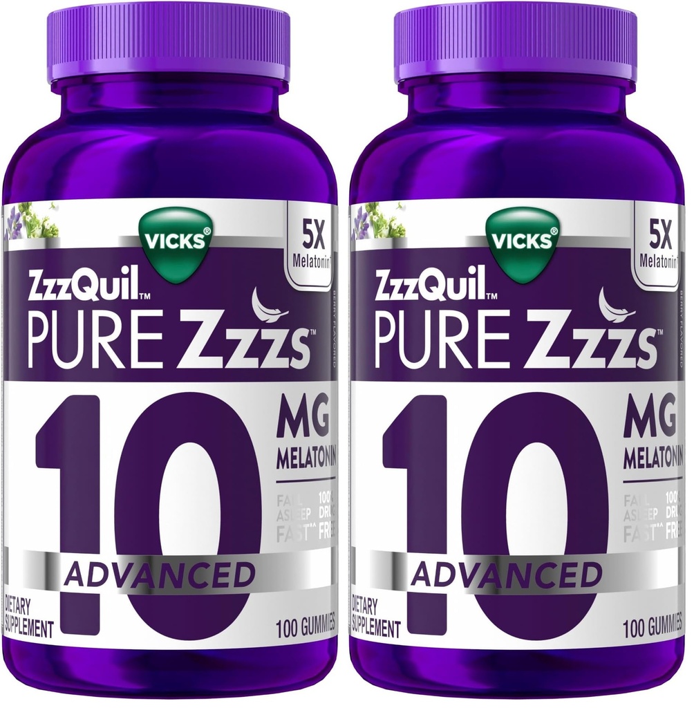 ZzzQuil Pure Zzzs Advanced Melatonin Gummies,Sleep Aid with Chamomile & Lavender for Adults Berry Flavored,100 Count (Pack of 2)