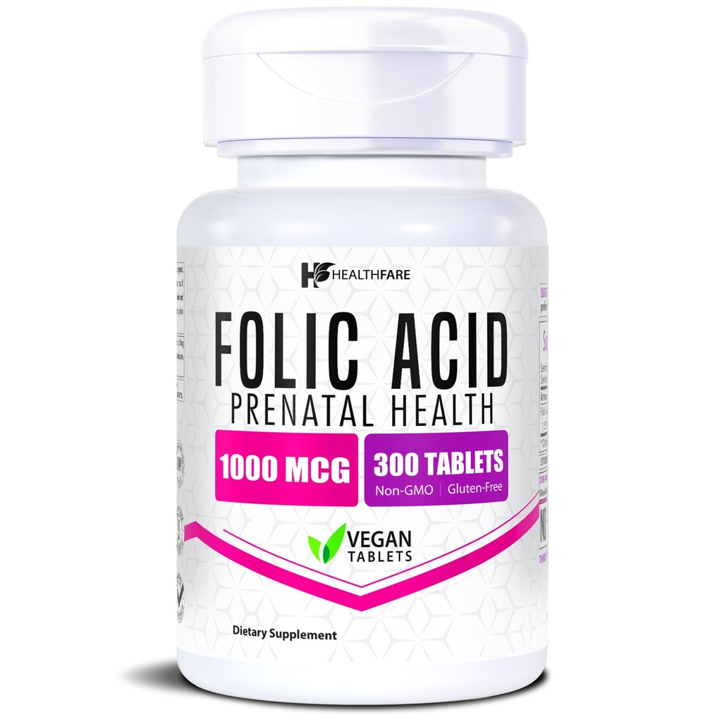 Healthfare Folic Acid 1000mcg | 300 Veg Tablets | Vitamin B9 | Gluten-Free | Non-GMO | Made in USA