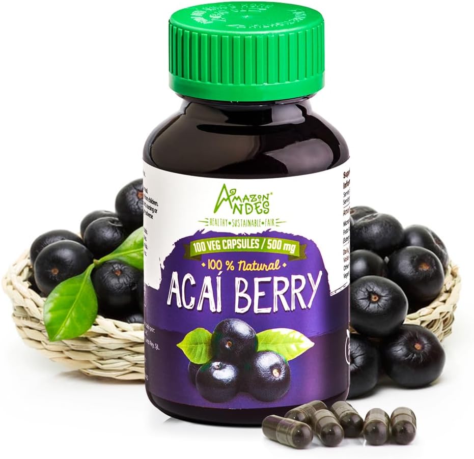 Andes Acai/Açai Berry Capsules (Euterpe oleracea) – Rich Source of Antioxidans, Vitamin C & Fibers - Support Immunsystem - Glutenfrei, Non GMO, Vegan & Non-irridated - 100 Veg Pillen (500mg)