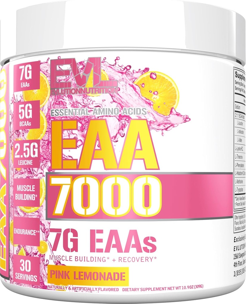 Evlution Nutrition EAA7000 - Pre & Post Workout Powder - Muscle Building + Recovery Supplement - 7g Essential Amino Acids + 5g BCAAs - Endurance + Energy Support - 30 Servings - Pink Lemonade
