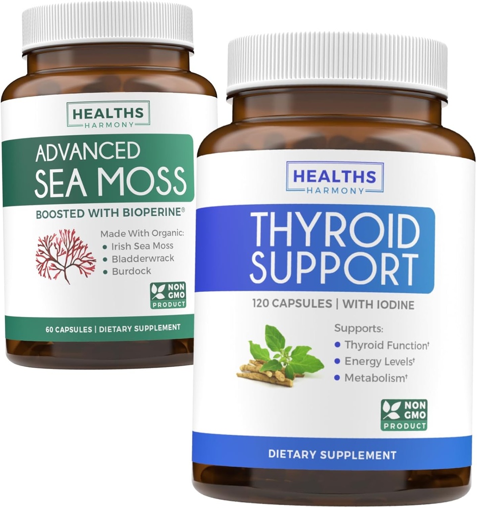 Bundle of Thyroid Support & Sea Moss - Sea Moss Thyroid Care Pack - Schilddrüse Unterstützung mit Iodine (120 Caps) & Irish Sea Moss Capsules - Raw Vegan Supplement mit BioPerine (Non-GMO & Organic)