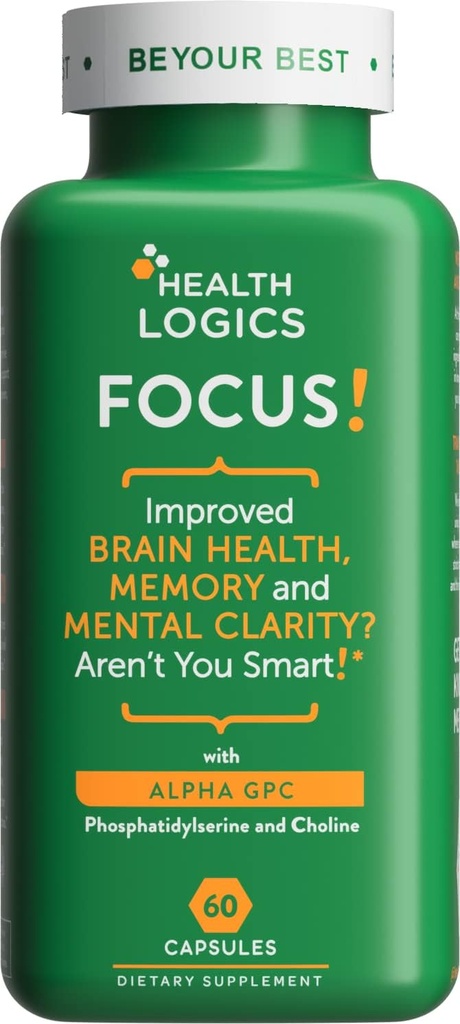 Health Logics Focus! - Gehirnergänzung für Gedächtnis, Klarheit, Konzentration mit Choline, Ginkgo Biloba, Alpha GPC, Phosphatidylserine, Bacopa Monnieri l 60 Kapseln l Non-GMO