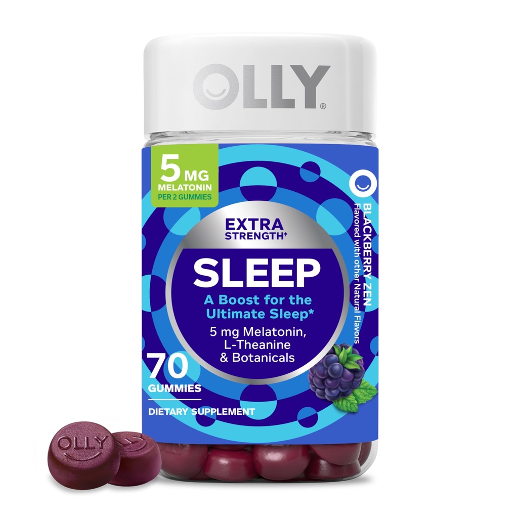 OLLY Extra Strength Sleep Gummy, gelegentliche Schlafunterstützung, 5 mg Melatonin, L-Theanin, Kamille, Zitronenbalsamextrakte, Schlafmittel, Brombeergeschmack - 70 Count (Verpackung kann variieren)
