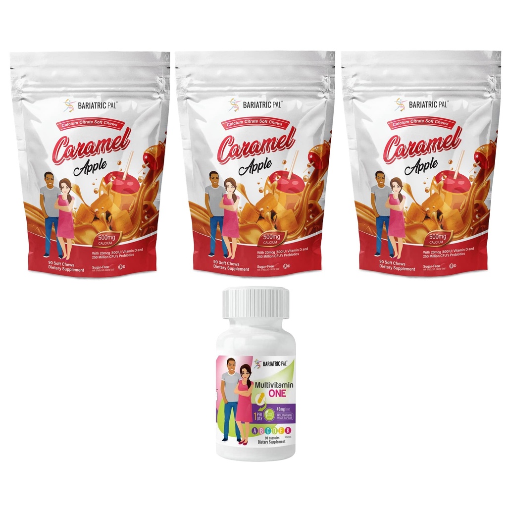 BariatricPal 90 jours Bariatric Vitamine Bundle (Multivamine ONE 1 par jour! Capsule avec 45mg de fer et de citrate de calcium Mâches douces 500mg avec Probiotiques - Pommes Caramel)