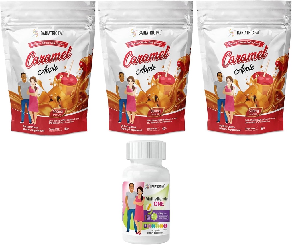 BariatricPal 90-Day Bariatric Vitamin Bundle (Multivitamin ONE 1 pro Tag! Kapsel mit 45mg Eisen und Calcium Citrat Weichkäse 500mg mit Probiotika - Caramel Apple)