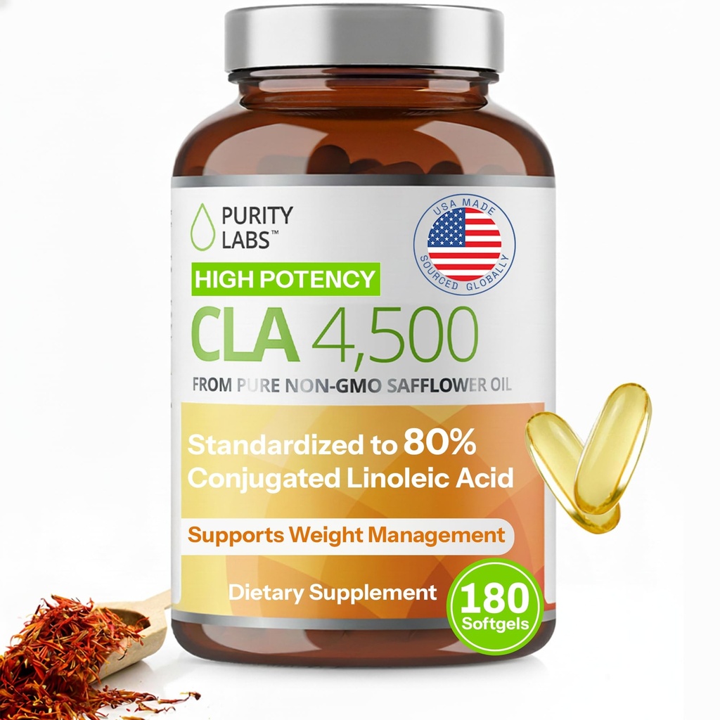 Purity Labs CLA ergänzt 4500MG - Non-GMO Safflower Oil - unterstützt Energie, Gewichtsverlust, Herzgesundheit und Muskelgesundheit - 180 Weichgele